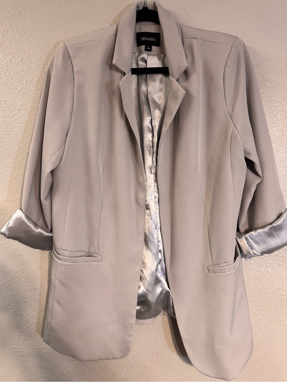 Zenana Outfitters Silver-Trim Light Gray Open Blazer